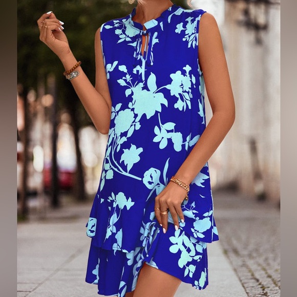 NWT V Neck Floral Print Sleeveless Ruffled Mini Dress (size XL) - Picture 2 of 10